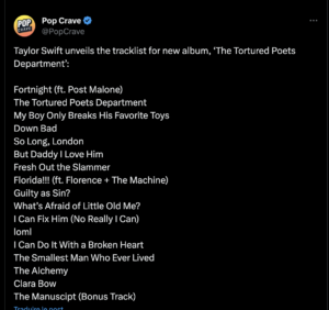 La tracklist de The Tortured Poets Department 